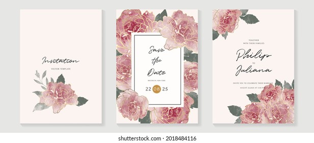 Resumen del vector de fondo de arte. Lujo fondo de tarjeta de invitación con flor de arte de línea dorada y hojas botánicas, formas orgánicas, acuarela. Diseño de invitaciones vectoriales para la boda y la plantilla de cubierta vip.