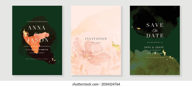 Abstract art background vector. Luxury invitation card background with golden line art and Watercolor brush texture. Vector invite design for wedding and vip cover template.
