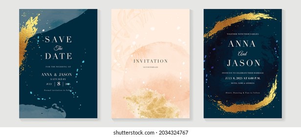 Abstract art background vector. Luxury invitation card background with golden line art and Watercolor brush texture. Vector invite design for wedding and vip cover template.
