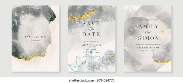 Abstract art background vector. Luxury invitation card background with golden line art and Watercolor brush texture. Vector invite design for wedding and vip cover template.
