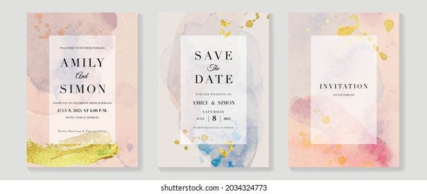 Abstract art background vector. Luxury invitation card background with golden line art and Watercolor brush texture. Vector invite design for wedding and vip cover template.
