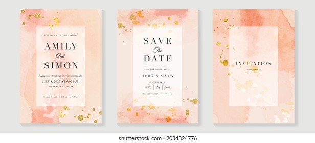 Abstract art background vector. Luxury invitation card background with golden line art and Watercolor brush texture. Vector invite design for wedding and vip cover template.
