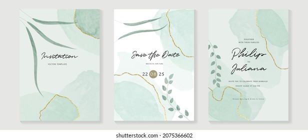 Abstract art background vector. Luxury invitation card background with golden line art and Watercolor brush texture. Vector invite design for wedding and vip cover template.