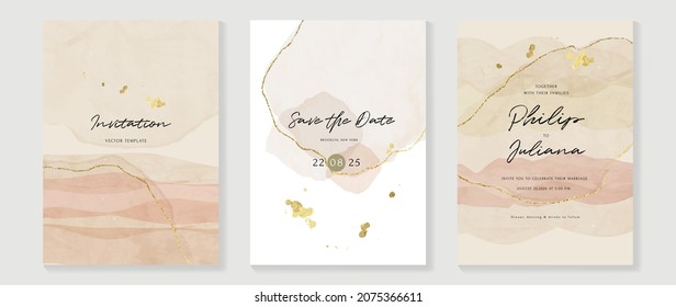 Abstract art background vector. Luxury invitation card background with golden line art and Watercolor brush texture. Vector invite design for wedding and vip cover template.