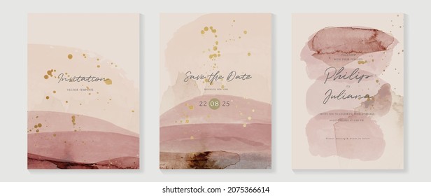 Abstract art background vector. Luxury invitation card background with golden line art and Watercolor brush texture. Vector invite design for wedding and vip cover template.