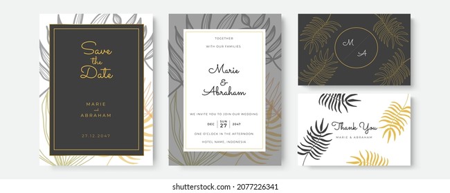 Abstract art background vector. Luxury invitation card background with golden line art flower and botanical leaves, Organic shapes, Watercolor. Vector invite design for wedding and vip cover template