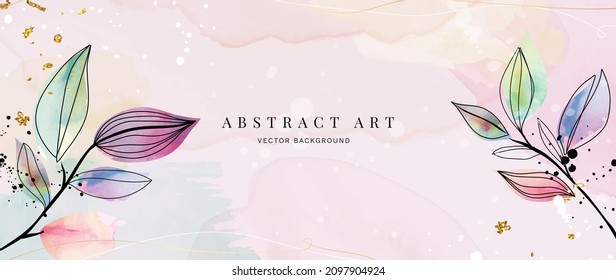 Abstract art background vector. Luxury minimal style wall art with botanical leaves line art and watercolor. Vector background for banner, poster, cover, card, invitation and prints.