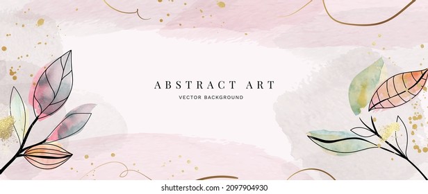 Abstract art background vector. Luxury minimal style wall art with botanical leaves line art and watercolor. Vector background for banner, poster, cover, card, invitation and prints.