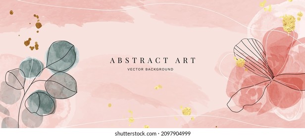 Resumen del vector de fondo de arte. Arte mural de lujo de estilo minimalista con hojas botánicas y acuarela. Fondo vectorial para banner, afiche, portada, tarjeta, invitación e impresiones.