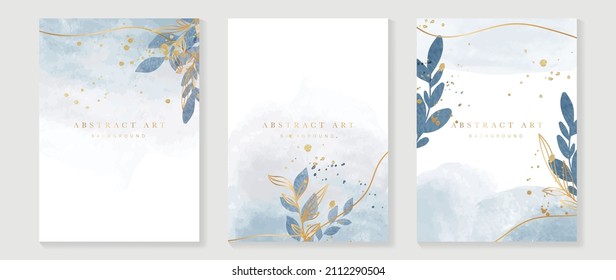 Abstract art background vector. Luxury invitation card background with golden line art flower and botanical leaves, Organic shapes, Watercolor. Vector invite design for wedding and vip cover template.