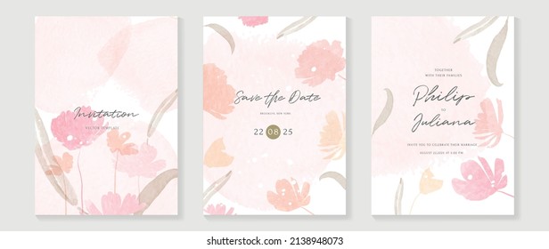 Abstract art background vector. Luxury invitation card background with golden line art flower and botanical leaves, Organic shapes, Watercolor. Vector invite design for wedding and vip cover template.