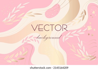 Abstract art background vector. Luxury minimal style wallpaper with golden line art flower and botanical leaves, Organic shapes. Vector background for banner, poster, Web and packaging.