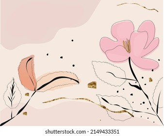 Abstract art background vector. Luxury minimalist style wallpaper with golden line art flowers and botanical leaves, organic shapes, watercolor. Vector background for banner, poster, web and packaging