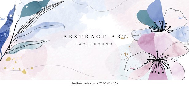 Abstract art background vector. Luxury minimal style wallpaper with golden line art, flower and botanical leaves, watercolor. Elegant vector background for banner, poster, web and packaging.