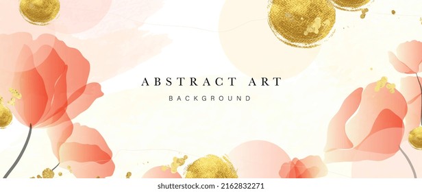 Abstract art background vector. Luxury minimal style wallpaper with golden line art, flower and botanical leaves, watercolor. Elegant vector background for banner, poster, web and packaging.