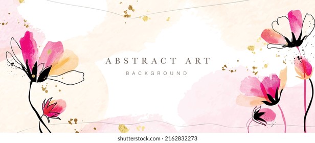 Abstract art background vector. Luxury minimal style wallpaper with golden line art, flower and botanical leaves, watercolor. Elegant vector background for banner, poster, web and packaging.