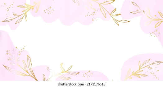 Resumen del vector de fondo de arte. Papel pintado de estilo minimalista de lujo con flor de arte de línea dorada y hojas botánicas, Formas orgánicas, acuarela. Fondo vectorial para banner, afiche, web y empaque.