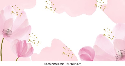 Abstract art background vector. Luxury minimal style wallpaper with golden line art flower and botanical leaves, Organic shapes, Watercolor. Vector background for banner, poster, Web and packaging.