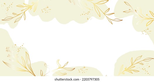 Abstract art background vector. Luxury minimal style wallpaper with golden line art flower and botanical leaves, Organic shapes, Watercolor. Vector background for banner, poster, Web and packaging.