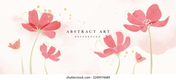 Resumen del vector de fondo de arte. Flores acuáticas de lujo con arte en línea dorada y fondo de textura de manchas de tinta. Ilustración de diseño artístico para papel pintado, afiche, carné de banner, impresión, web y embalaje.