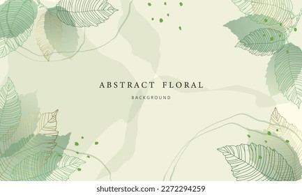 Abstract art background vector. Luxury minimal style wallpaper with golden line art flower and botanical leaves, Organic shapes, Watercolor. Vector background for banner, poster, Web and packaging.