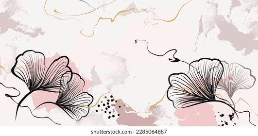 Abstract art background vector. Luxury minimal style wallpaper with golden line art flower and botanical leaves, Organic shapes, and Watercolor. Vector background for banner, poster, Web, packaging.
