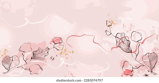 Abstract art background vector. Luxury minimal style wallpaper with elegant line art flower and botanical leaves, Organic shapes, Watercolor. Vector background for banner, poster, Web and packaging.