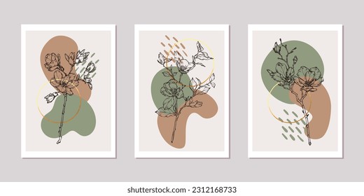 Abstract art background vector. Luxury minimal style wallpaper with golden line art flower and botanical leaves, Organic shapes, Watercolor. Vector background for banner, poster, Web and packaging.