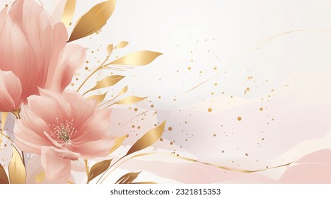 Resumen del vector de fondo de arte. Papel pintado de estilo minimalista de lujo con flor de arte de línea dorada y hojas botánicas, Formas orgánicas, acuarela. Antecedentes vectores para pancarta, afiche