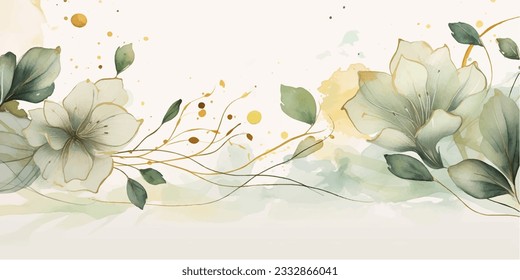 Resumen del vector de fondo de arte. Papel pintado de estilo minimalista de lujo con flor de arte de línea dorada y hojas botánicas, Formas orgánicas, acuarela. Fondo vectorial para banner, afiche, web y empaque.