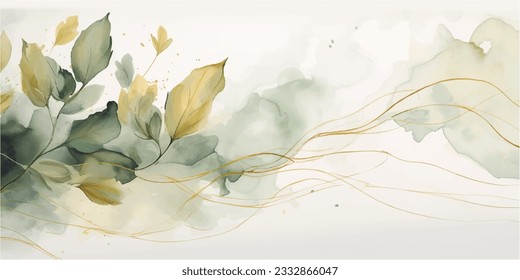 Resumen del vector de fondo de arte. Papel pintado de estilo minimalista de lujo con flor de arte de línea dorada y hojas botánicas, Formas orgánicas, acuarela. Fondo vectorial para banner, afiche, web y empaque.