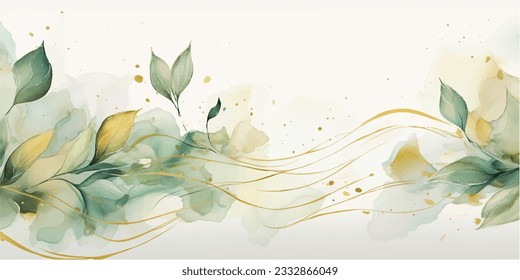 Abstract art background vector. Luxury minimal style wallpaper with golden line art flower and botanical leaves, Organic shapes, Watercolor. Vector background for banner, poster, Web and packaging.