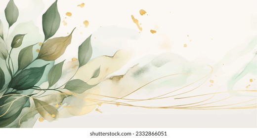 Abstract art background vector. Luxury minimal style wallpaper with golden line art flower and botanical leaves, Organic shapes, Watercolor. Vector background for banner, poster, Web and packaging.