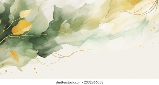 Abstract art background vector. Luxury minimal style wallpaper with golden line art flower and botanical leaves, Organic shapes, Watercolor. Vector background for banner, poster, Web and packaging.