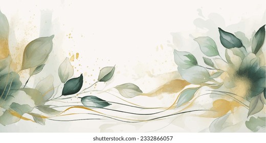 Abstract art background vector. Luxury minimal style wallpaper with golden line art flower and botanical leaves, Organic shapes, Watercolor. Vector background for banner, poster, Web and packaging.