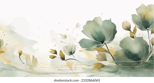 Abstract art background vector. Luxury minimal style wallpaper with golden line art flower and botanical leaves, Organic shapes, Watercolor. Vector background for banner, poster, Web and packaging.