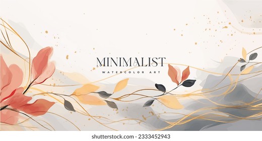 Abstract art background vector. Luxury minimal style wallpaper with golden line art flower and botanical leaves, Organic shapes, Watercolor. Vector background for banner, poster, Web and packaging