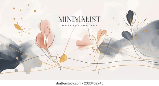 Abstract art background vector. Luxury minimal style wallpaper with golden line art flower and botanical leaves, Organic shapes, Watercolor. Vector background for banner, poster, Web and packaging