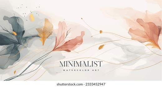 Abstract art background vector. Luxury minimal style wallpaper with golden line art flower and botanical leaves, Organic shapes, Watercolor. Vector background for banner, poster, Web and packaging