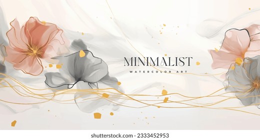Abstract art background vector. Luxury minimal style wallpaper with golden line art flower and botanical leaves, Organic shapes, Watercolor. Vector background for banner, poster, Web and packaging