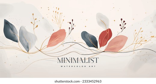 Abstract art background vector. Luxury minimal style wallpaper with golden line art flower and botanical leaves, Organic shapes, Watercolor. Vector background for banner, poster, Web and packaging