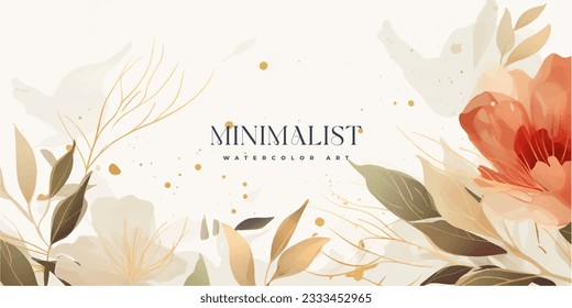 Abstract art background vector. Luxury minimal style wallpaper with golden line art flower and botanical leaves, Organic shapes, Watercolor. Vector background for banner, poster, Web and packaging