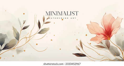 Abstract art background vector. Luxury minimal style wallpaper with golden line art flower and botanical leaves, Organic shapes, Watercolor. Vector background for banner, poster, Web and packaging