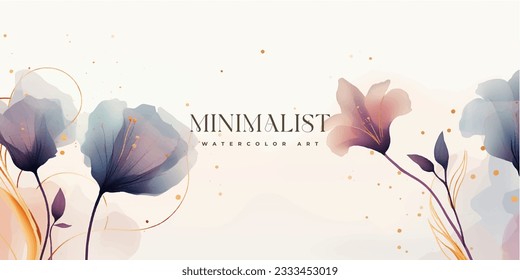 Resumen del vector de fondo de arte. Papel pintado de estilo minimalista de lujo con flor de arte de línea dorada y hojas botánicas, Formas orgánicas, acuarela. Fondo vectorial para banner, afiche, web y empaque