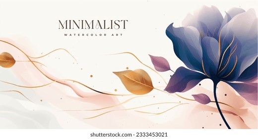 Abstract art background vector. Luxury minimal style wallpaper with golden line art flower and botanical leaves, Organic shapes, Watercolor. Vector background for banner, poster, Web and packaging
