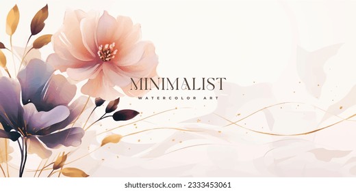 Abstract art background vector. Luxury minimal style wallpaper with golden line art flower and botanical leaves, Organic shapes, Watercolor. Vector background for banner, poster, Web and packaging