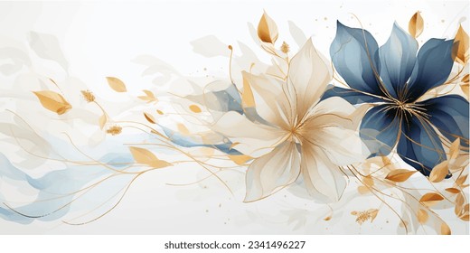 Abstract art background vector. Luxury minimal style wallpaper with golden line art flower and botanical leaves, Organic shapes, Watercolor. Vector background for banner, poster, Web and packaging