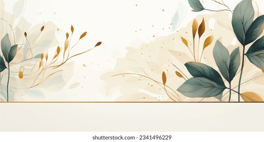 Abstract art background vector. Luxury minimal style wallpaper with golden line art flower and botanical leaves, Organic shapes, Watercolor. Vector background for banner, poster, Web and packaging