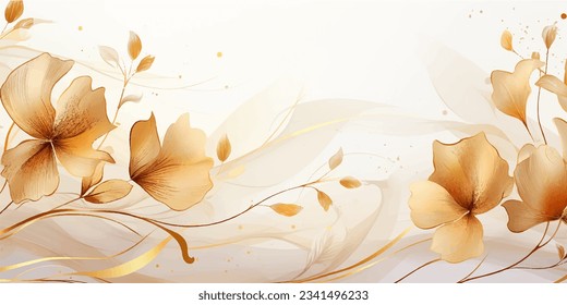 Abstract art background vector. Luxury minimal style wallpaper with golden line art flower and botanical leaves, Organic shapes, Watercolor. Vector background for banner, poster, Web and packaging