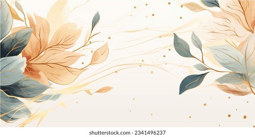 Resumen del vector de fondo de arte. Papel pintado de estilo minimalista de lujo con flor de arte de línea dorada y hojas botánicas, Formas orgánicas, acuarela. Fondo vectorial para banner, afiche, web y empaque